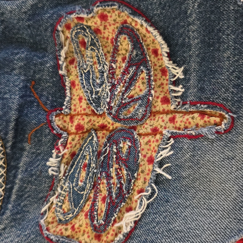 HAND CRAFTED Maxi Skirt UPCYCLED Blue Denim Dragonfly Fringed  Red Print Size 12 - Picture 4 of 9